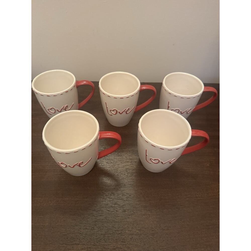 Williams-Sonoma "LOVE" Mugs Heart Set 5 Valentines Cup Stitching Red Handle Chip